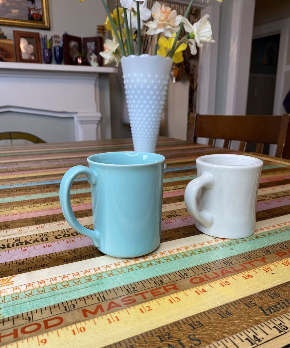 VINTAGE Ultima China Heavy Coffee Mug‎ white Turquoise Corning LOT of 2 MUGS